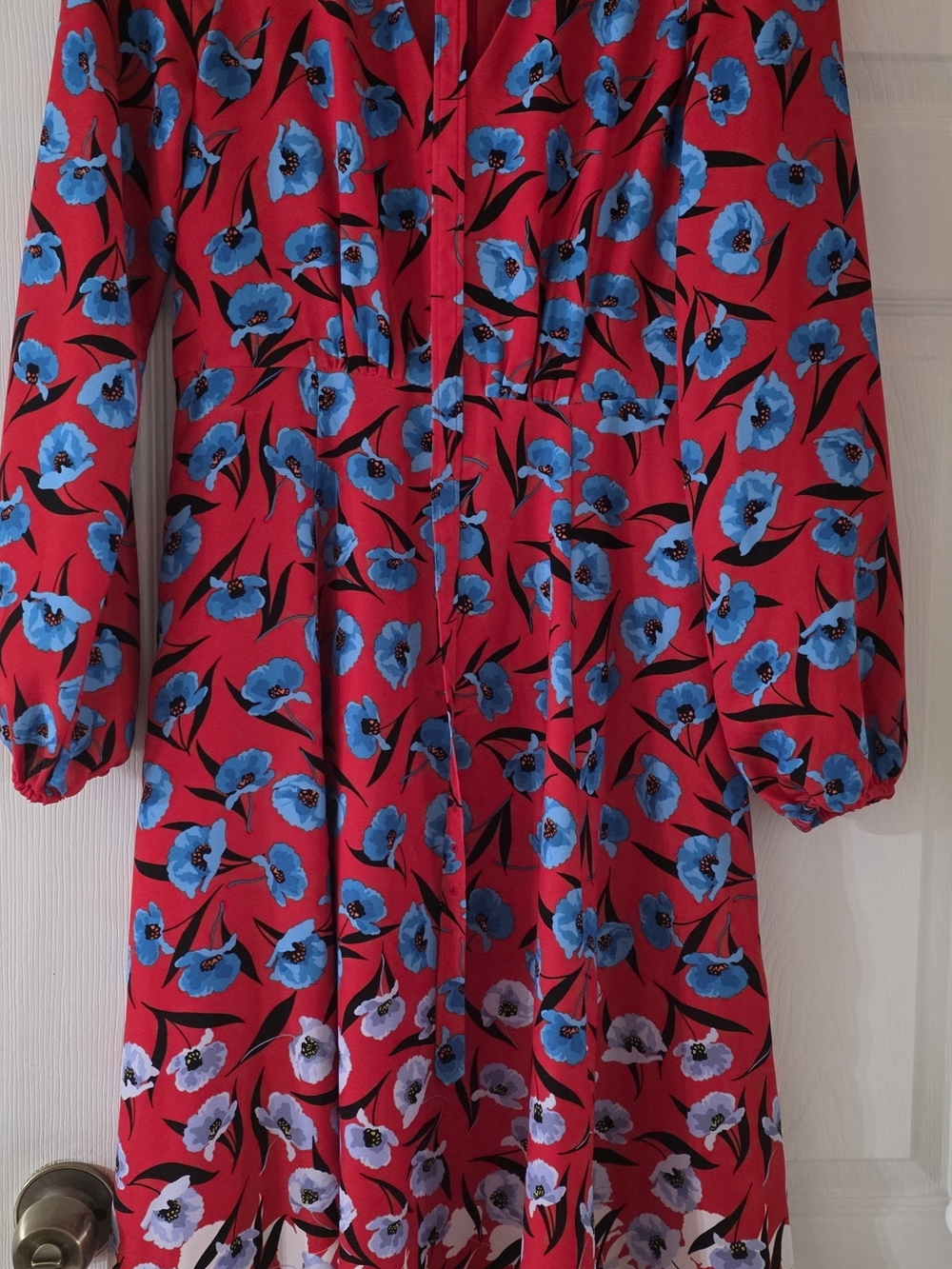 Ann Taylor Bright Red Floral Dress with Blue And White Blooms